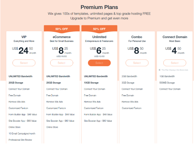 wixsite pricing plans