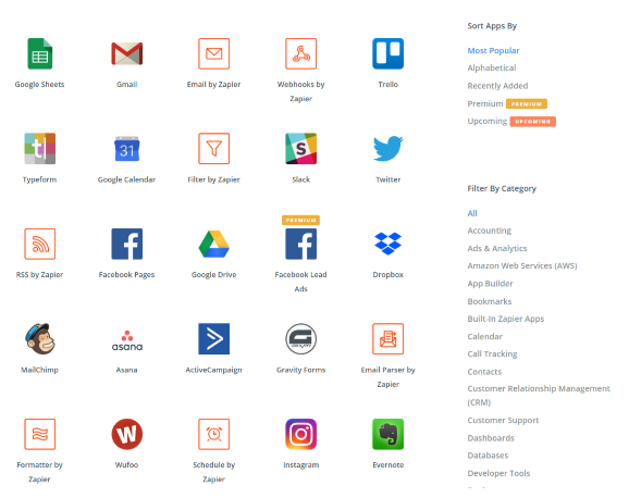 List of apps in Zapier