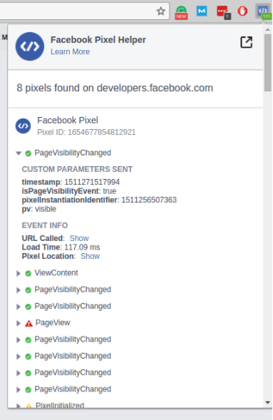 facebook pixel helper interface