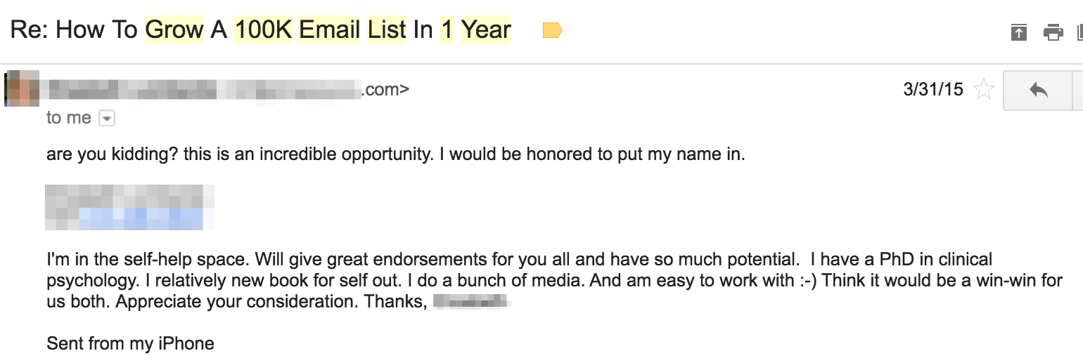 Re How To Grow A 100K Email List In 1 Year Sales Email