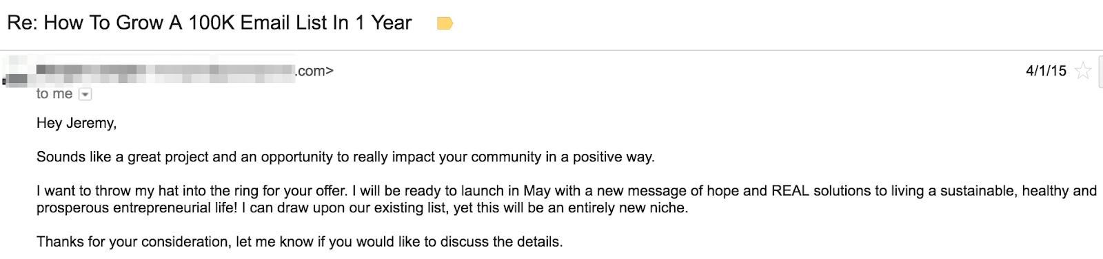 Re How To Grow A 100K Email List In 1 Year Sales email 3
