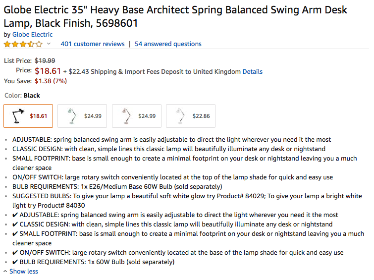 Amazon product description