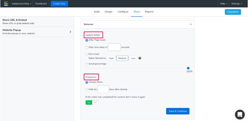 LeadQuizzes behavior settings