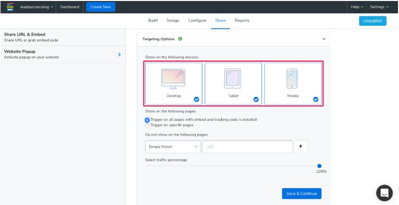 LeadQuizzes targeting options