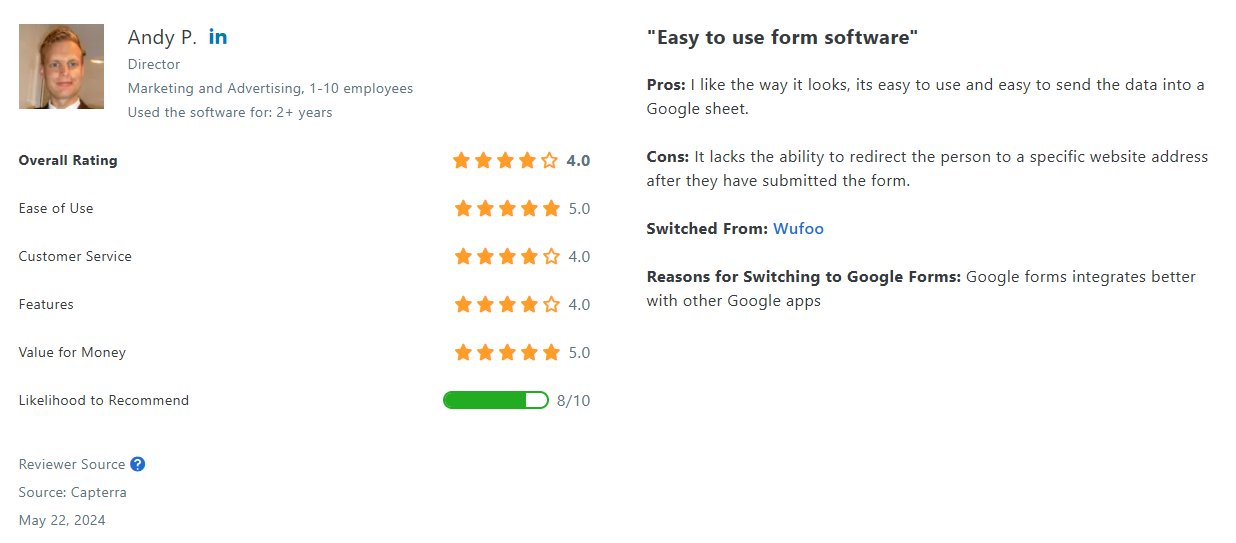 Google Forms customer opinion