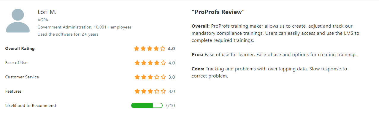ProProfs customer opinion