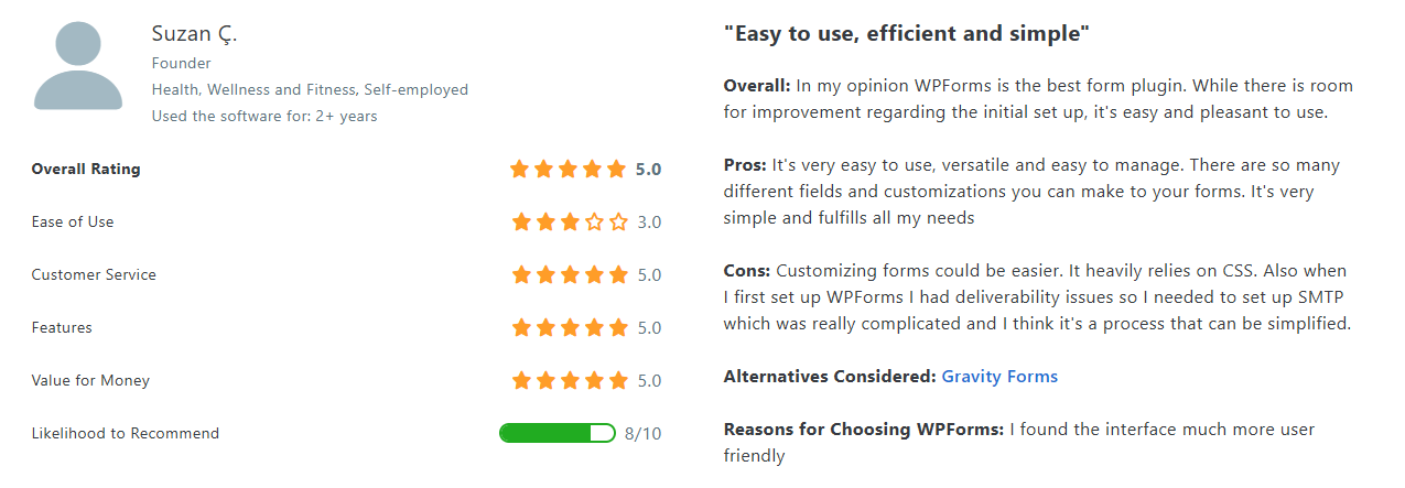 WPForms customer opinion