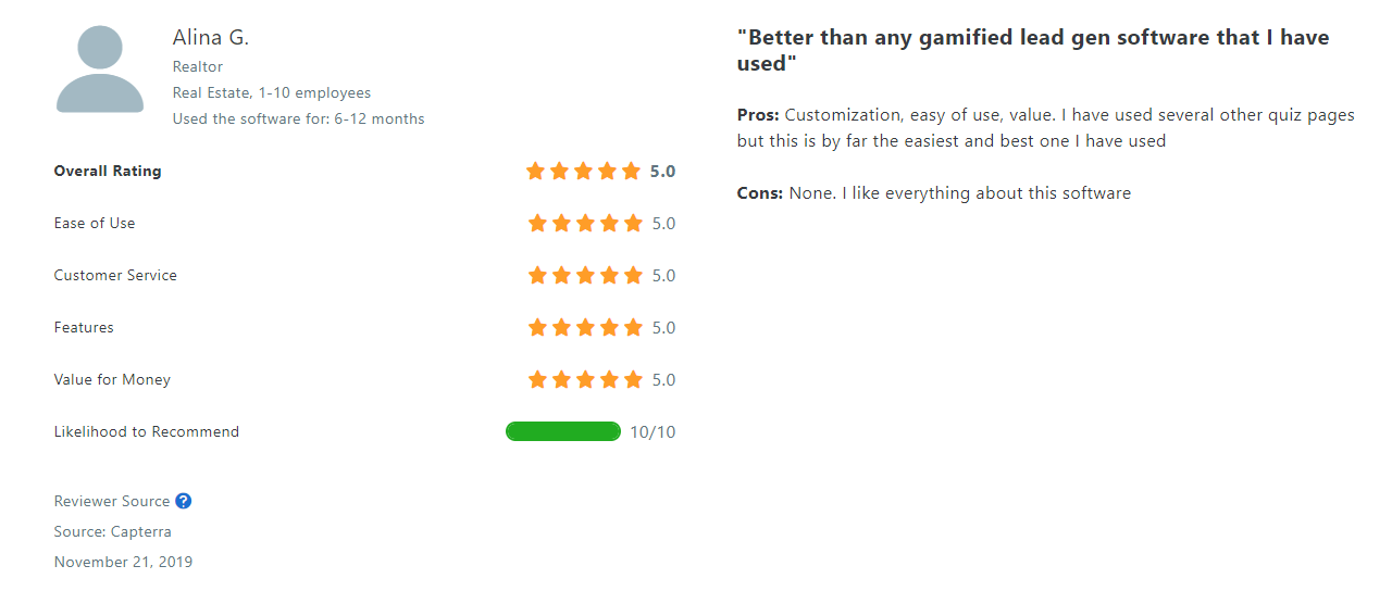 LeadQuizzes customer opinion