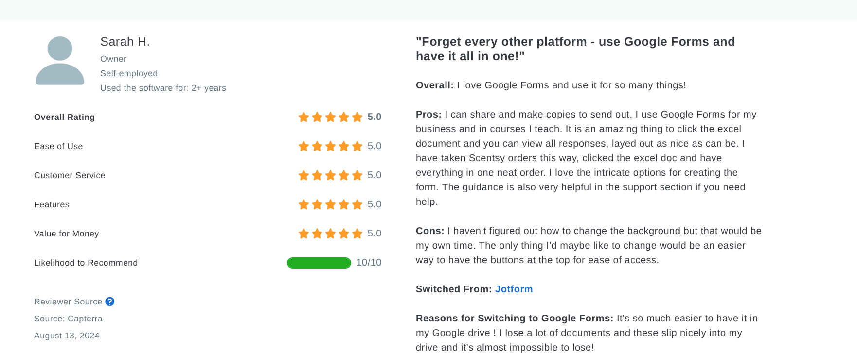 Google Forms customer opinion