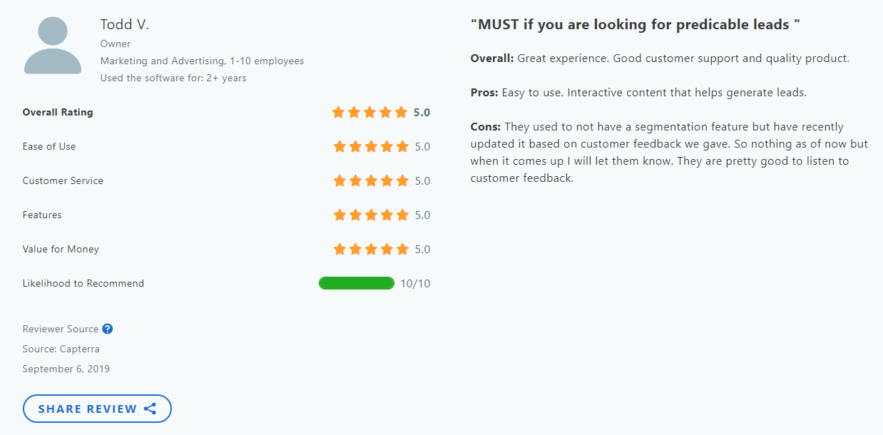LeadQuizzes customer opinion