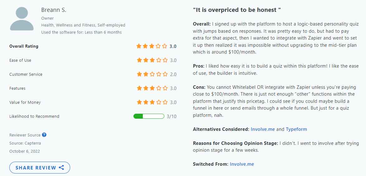 Opinion stage customer opinion