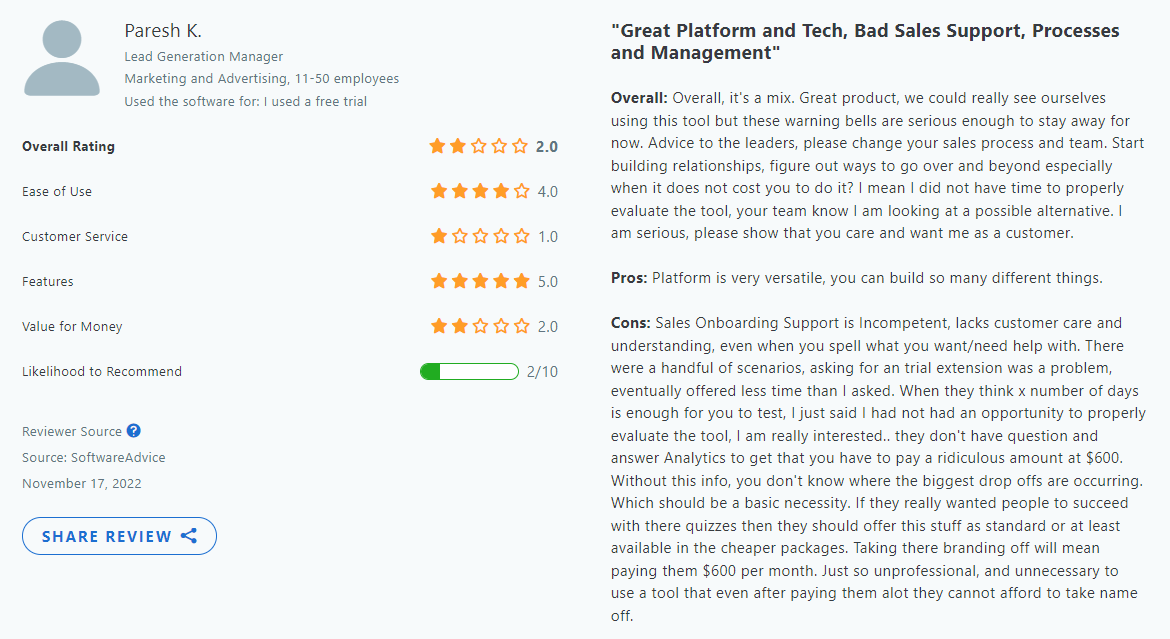 Outgrow customer opinion