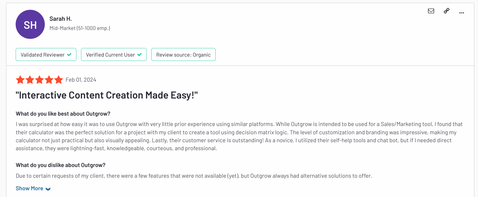 Outgrow customer opinion