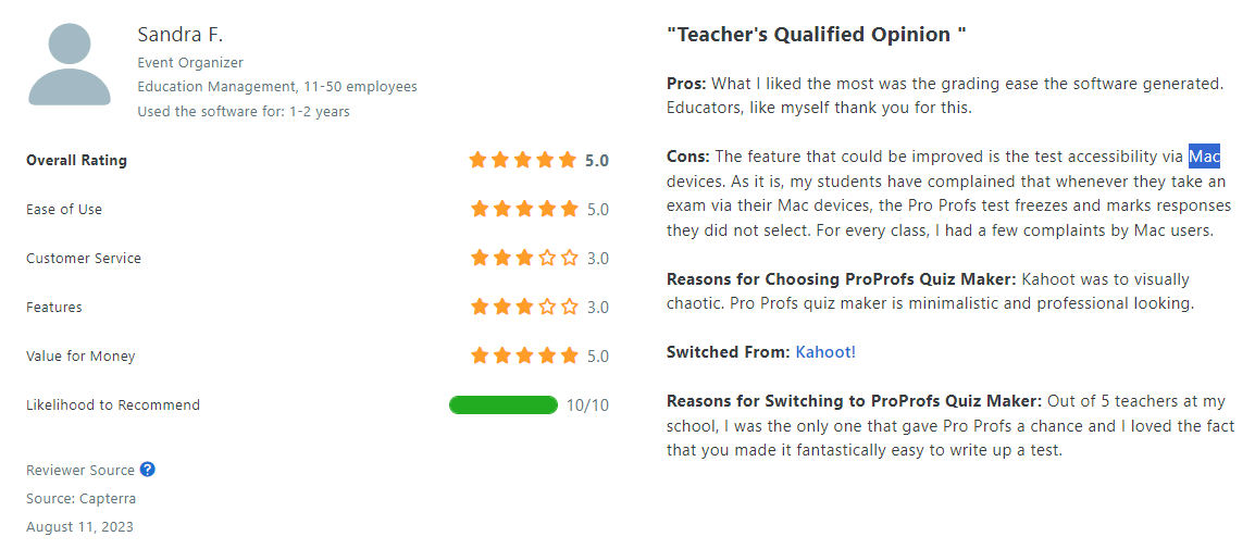 ProProfs customer opinion