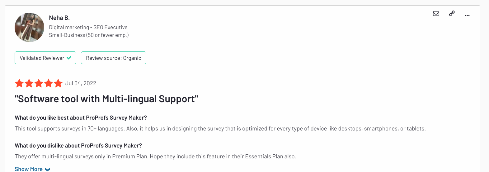 ProProfs customer opinion
