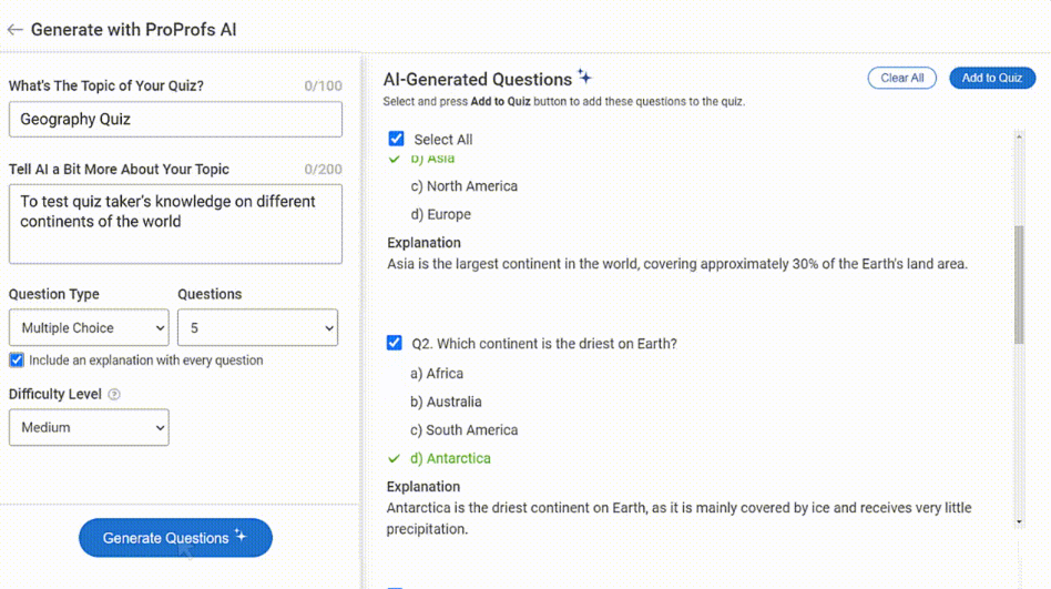 ProProfs quiz maker dashboard