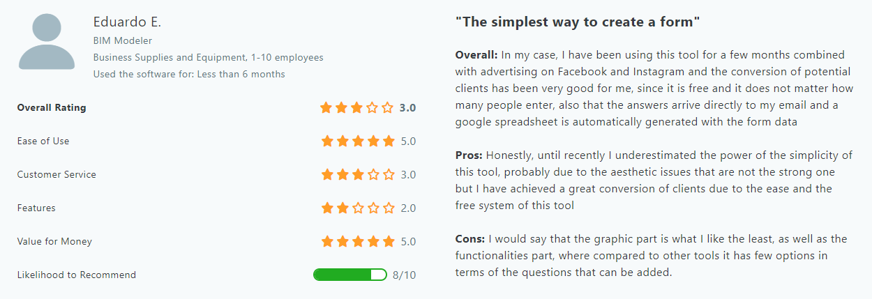 Google Forms customer opinion