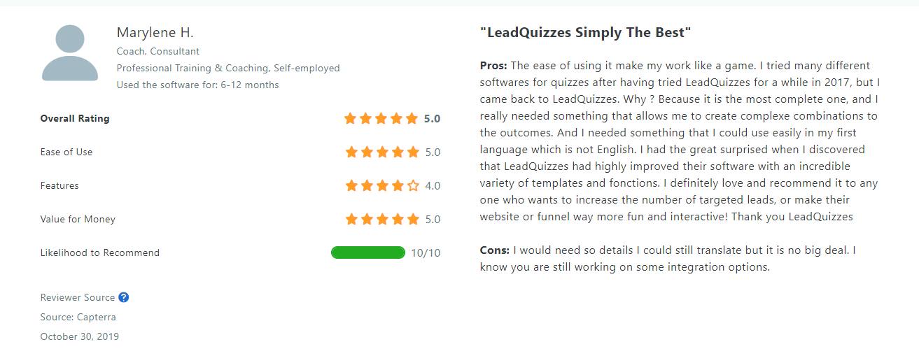 LeadQuizzes customer opinion from Capterra