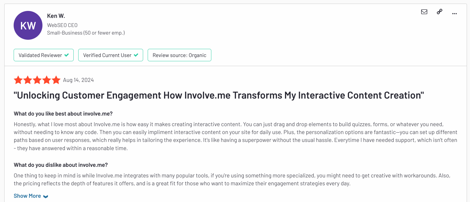 involve.me customer opinion