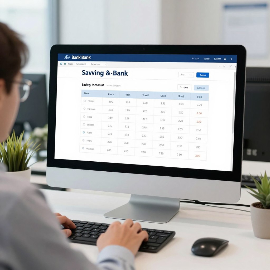 Bank branch manager using digital calculator tool on computer screen