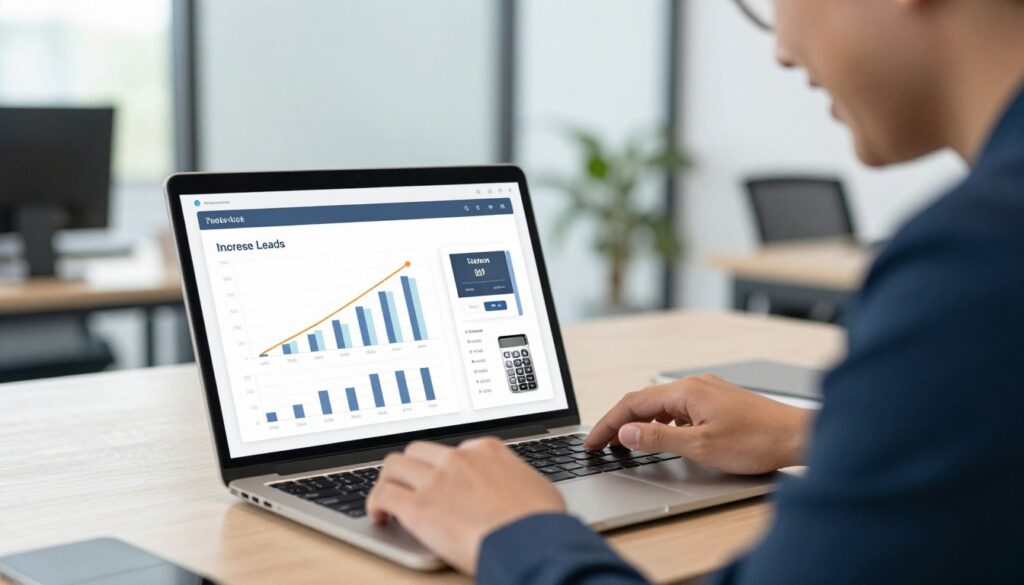 Business professional celebrating successful calculator implementation