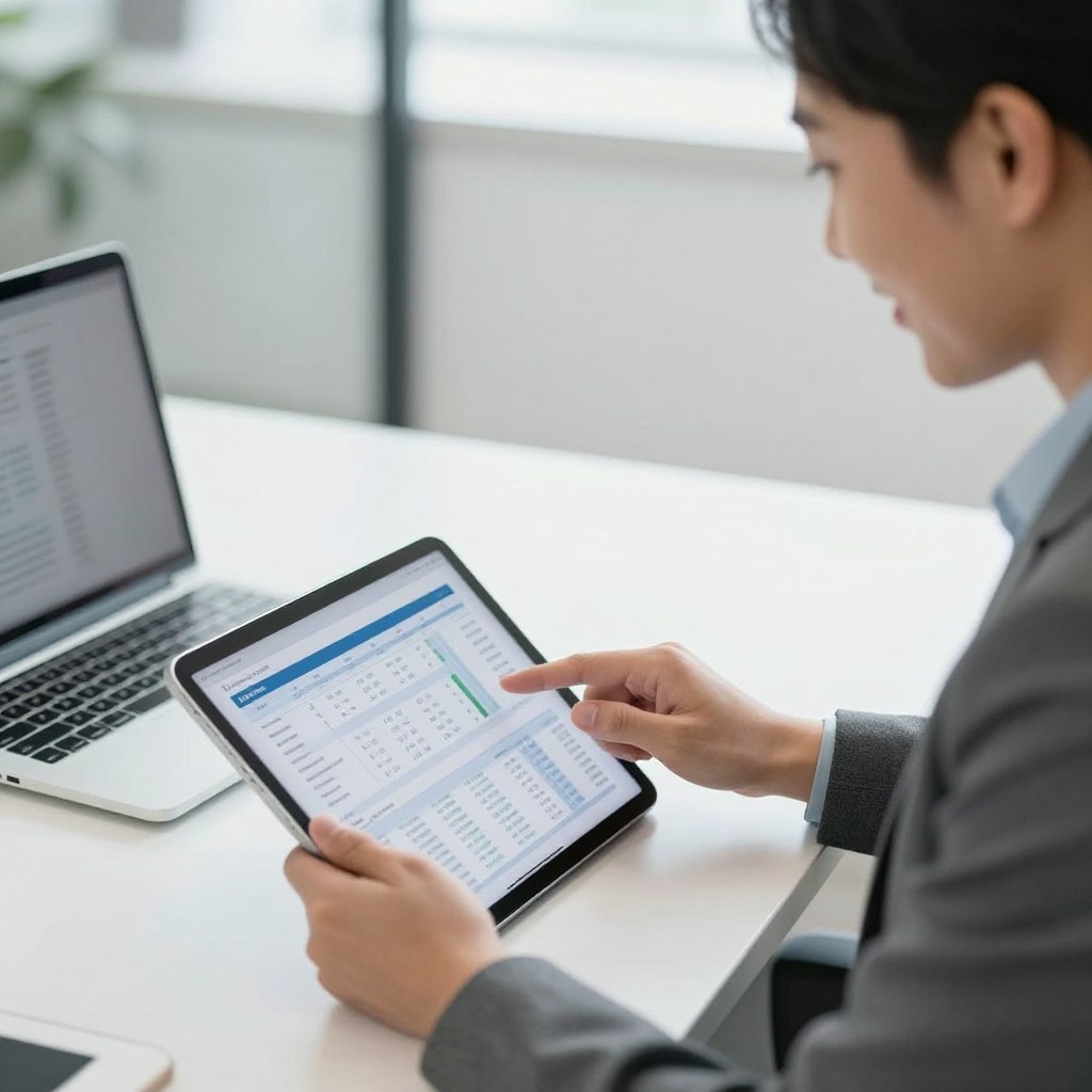 Business professional reviewing organized project inquiries on tablet