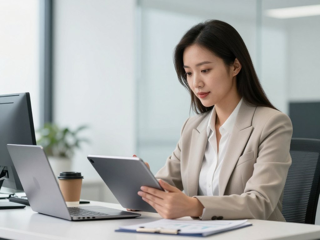 Business professional reviewing qualified discovery call leads on tablet