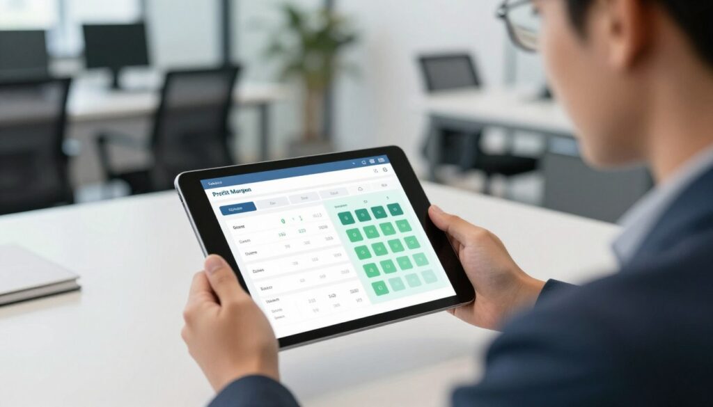 Business professional using profit margin calculator on tablet device