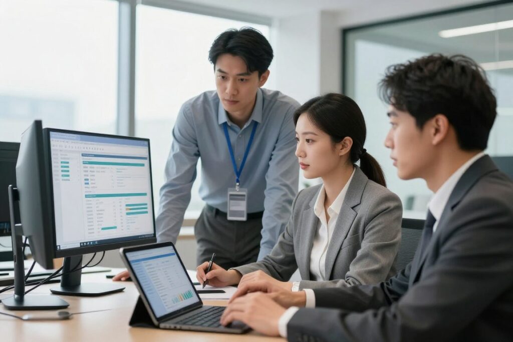 Business team analyzing customer feedback results on multiple screens