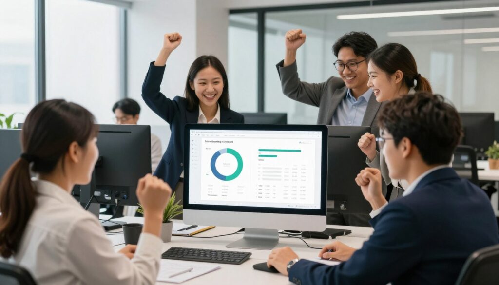 Business team celebrating successful lead generation results from ebook campaign