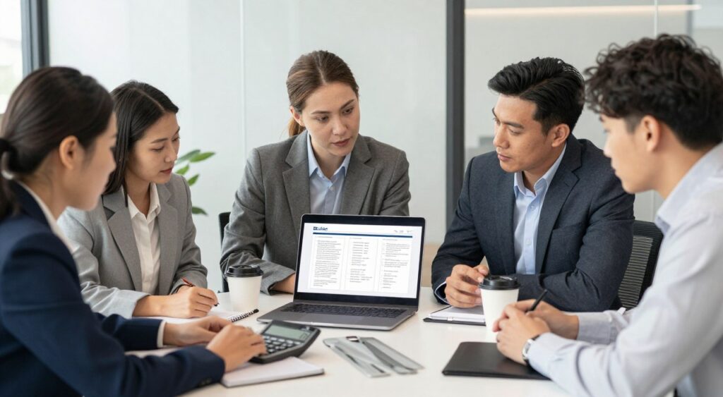 Business team reviewing calculator implementation plan