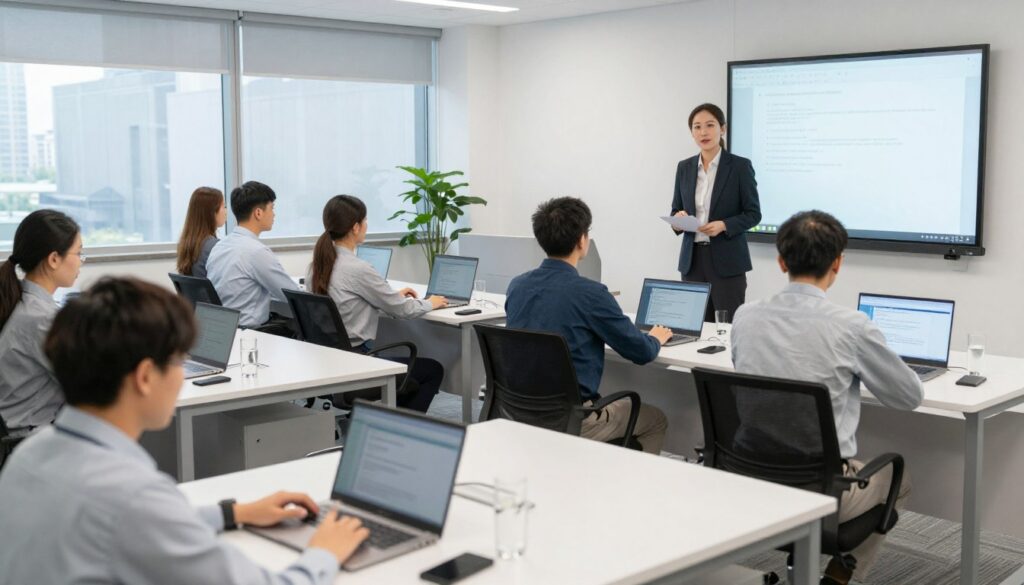 Corporate training session with employees taking knowledge assessment on laptops