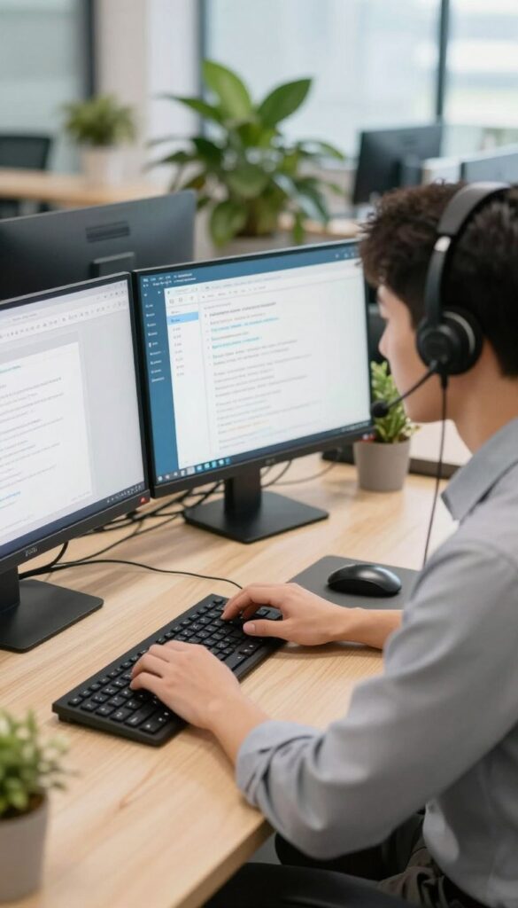Customer service representative responding to inquiry on computer