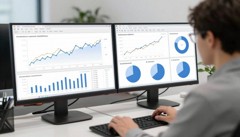 Data analyst examining customer satisfaction survey analytics and trends