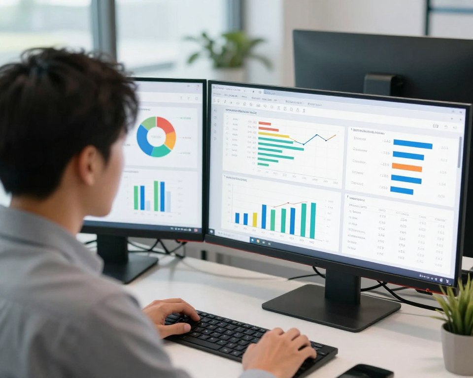 Data analyst reviewing satisfaction survey analytics