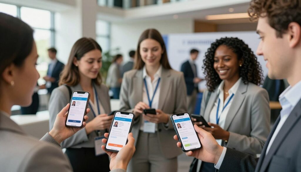 Event attendees engaging with registration confirmation on mobile devices