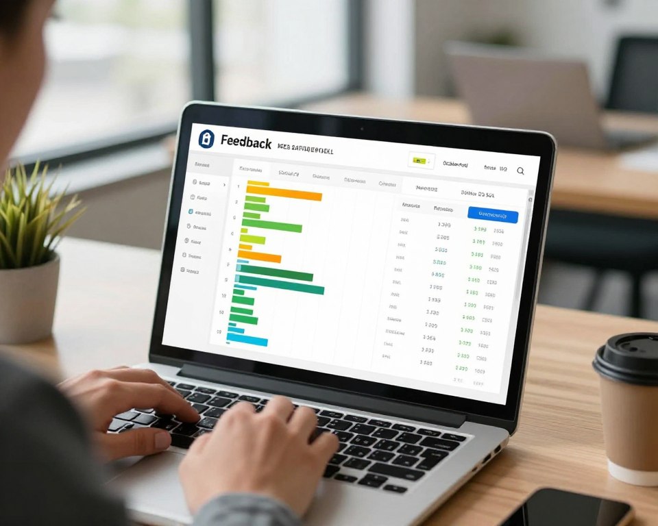 Event organizer analyzing feedback data on laptop showing satisfaction scores