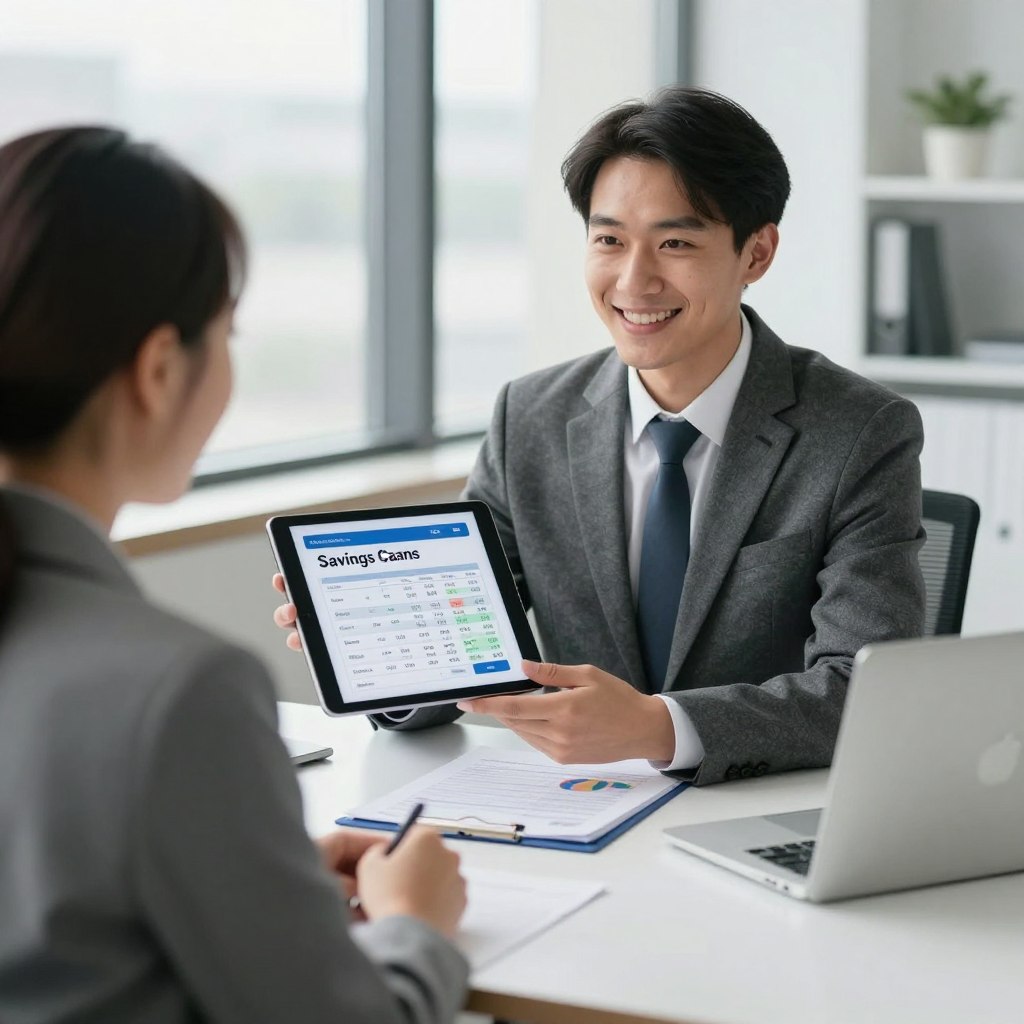 Financial advisor consulting with client using calculator on tablet