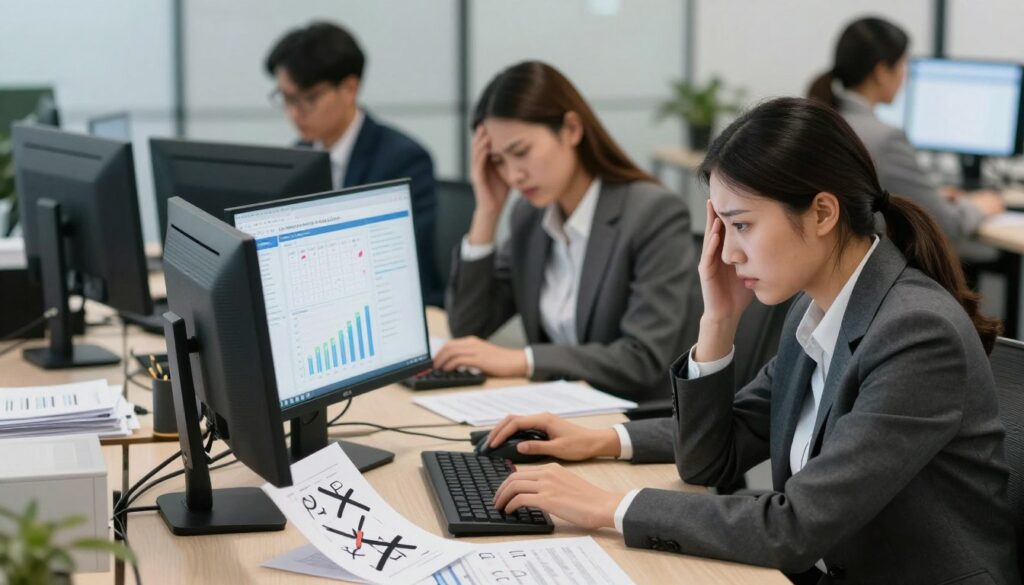 Frustrated sales team reviewing unqualified leads and wasted time metrics