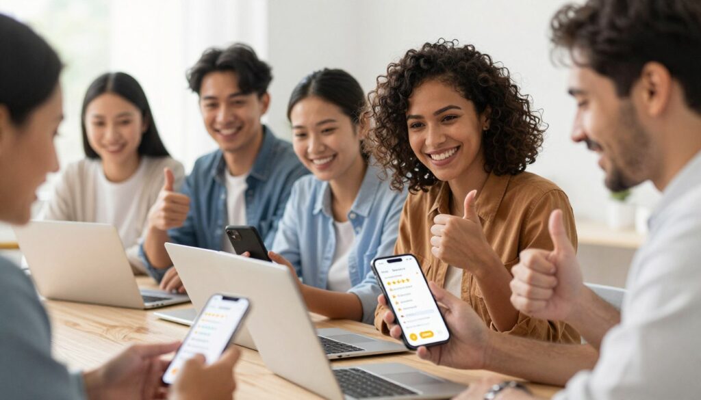 Happy customers providing positive feedback through various digital channels