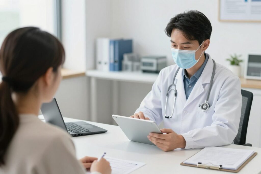 Healthcare professional reviewing digital patient intake form on tablet