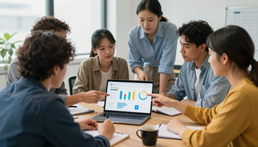 Marketing team collaborating on personality quiz strategy around office desk