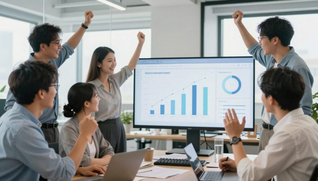 Professional team celebrating improved sales results from lead scoring implementation