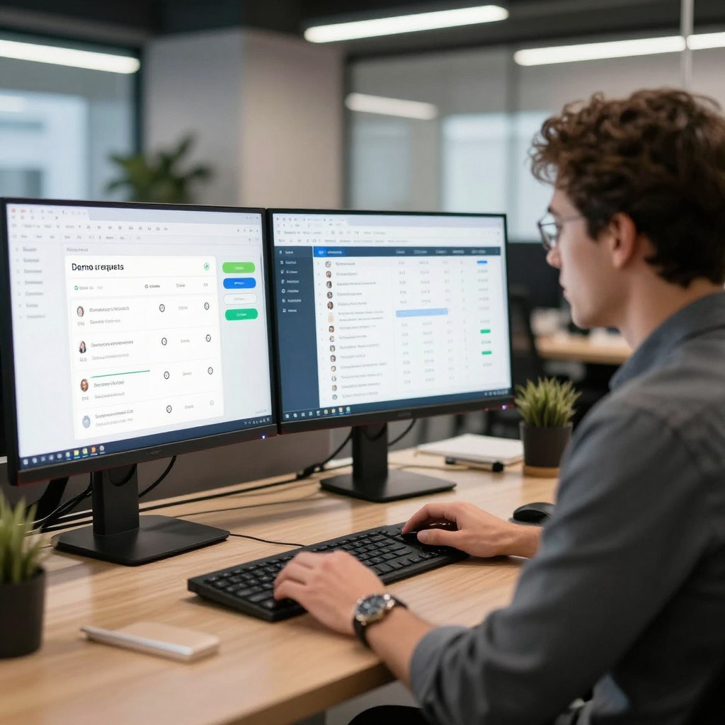 SaaS sales professional reviewing demo requests