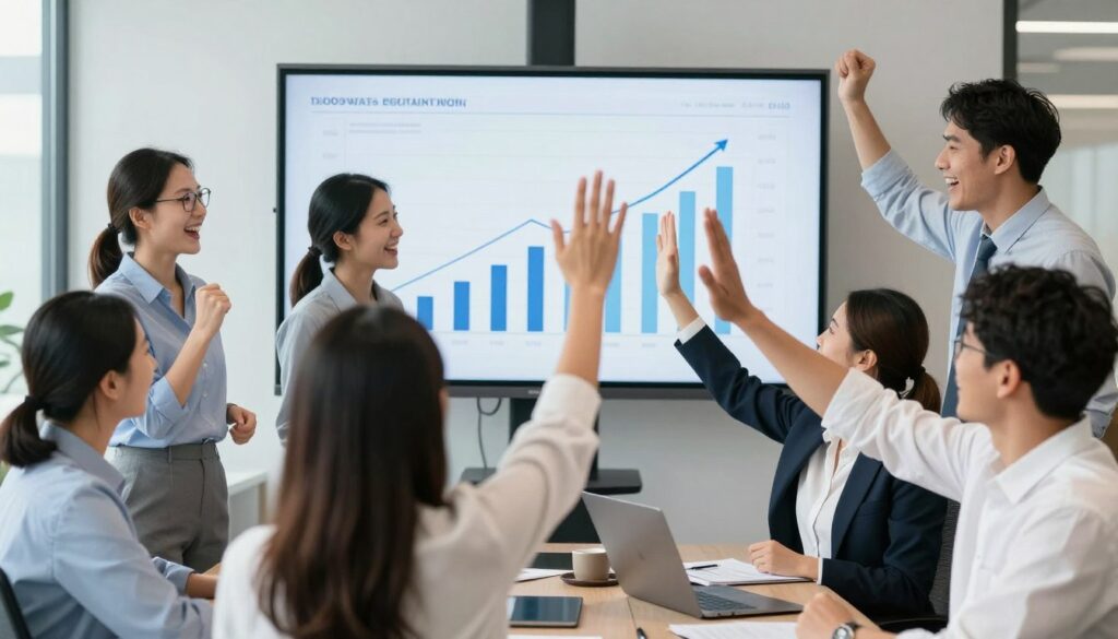 Sales team celebrating improved conversion rates from qualified demos