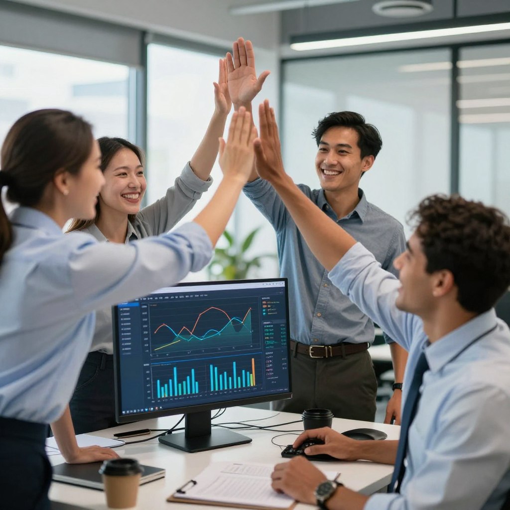 Sales team celebrating improved productivity from automated lead scoring