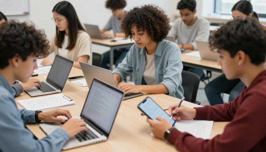 Students taking online knowledge assessment on various devices