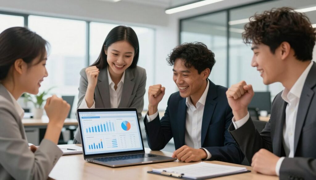 Successful business team celebrating improved consultation conversions