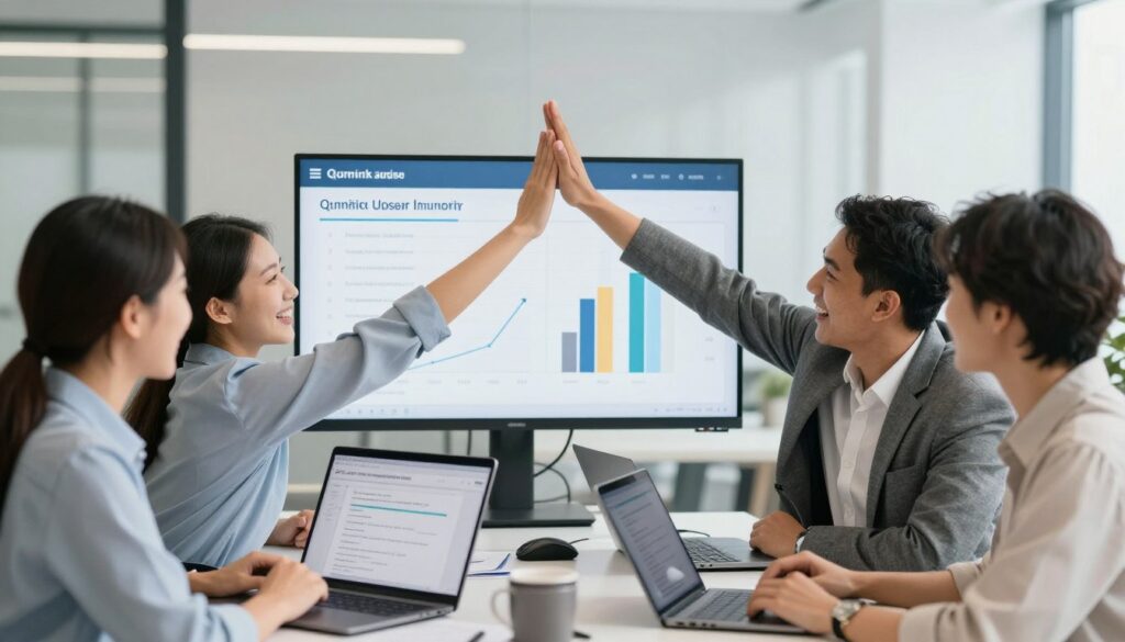 Successful business team celebrating improved customer communication results