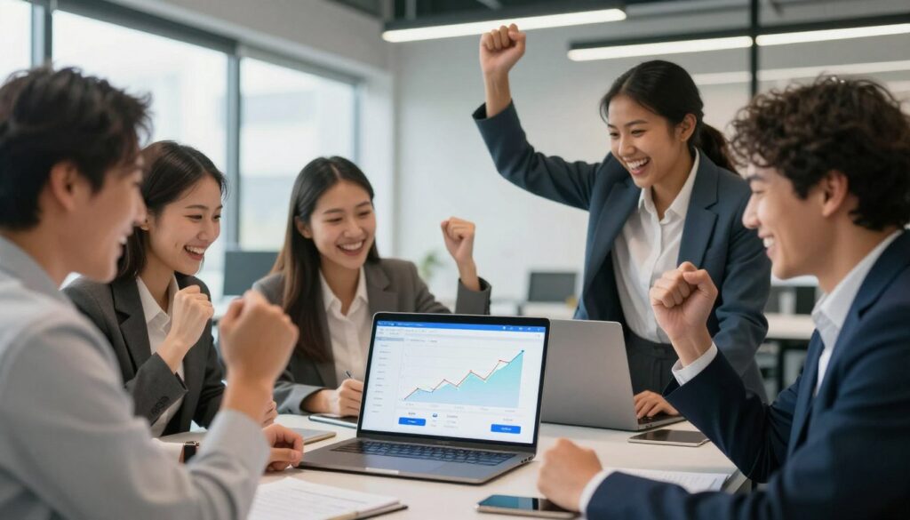 Successful business team celebrating increased customer inquiries from optimized contact form